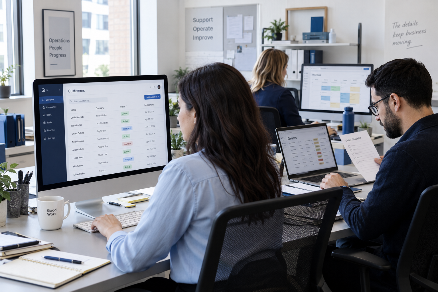 Remote operations team managing customer records, orders and schedules