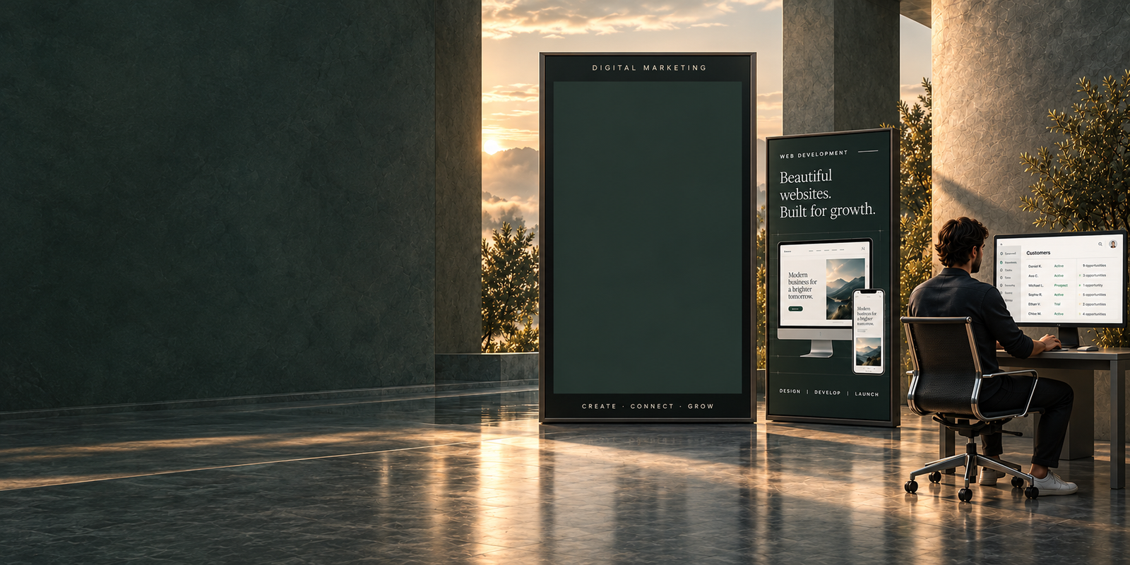 Digital marketing and website display boards beside a remote operations workstation