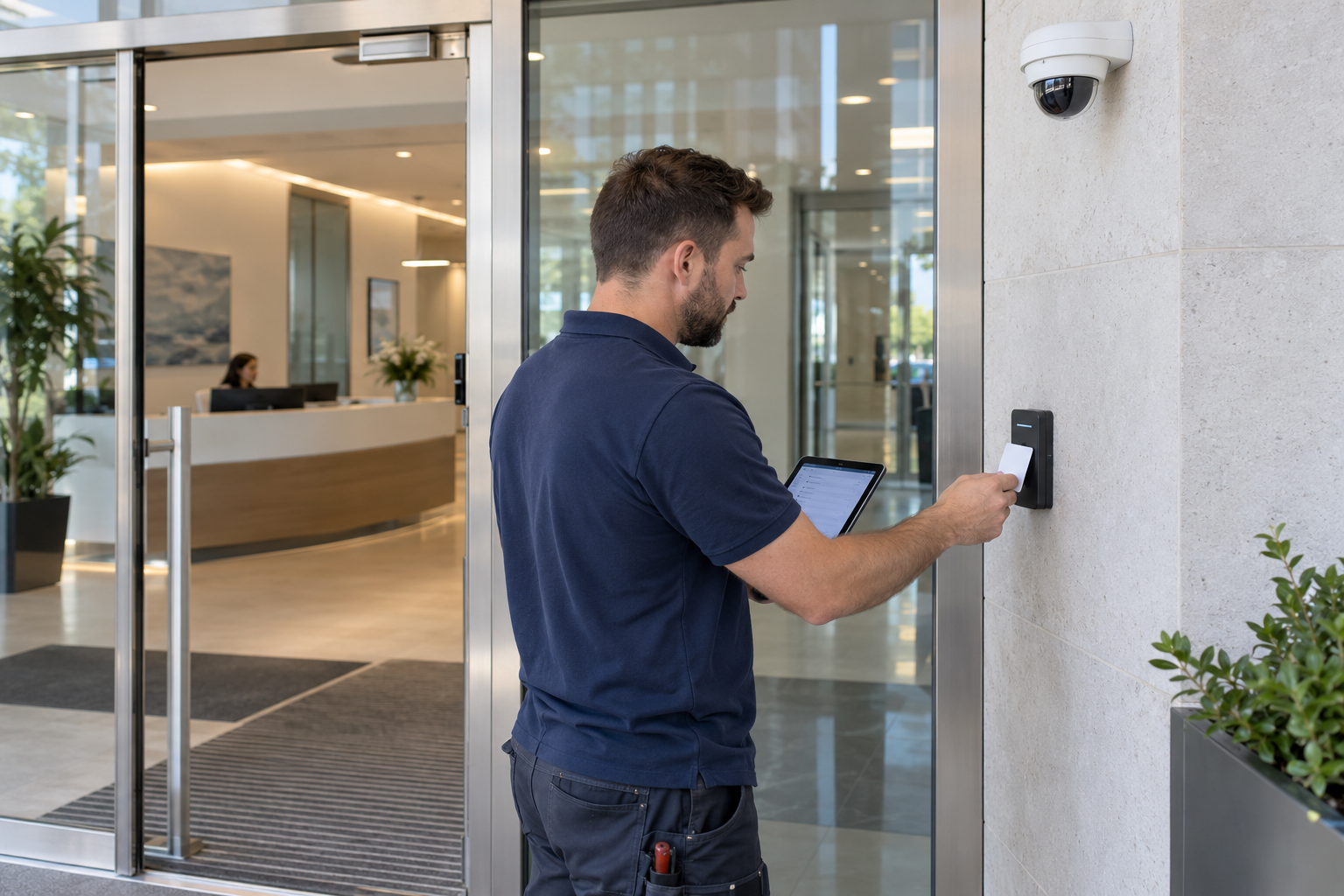 Technician testing office card access with a CCTV camera above the entrance