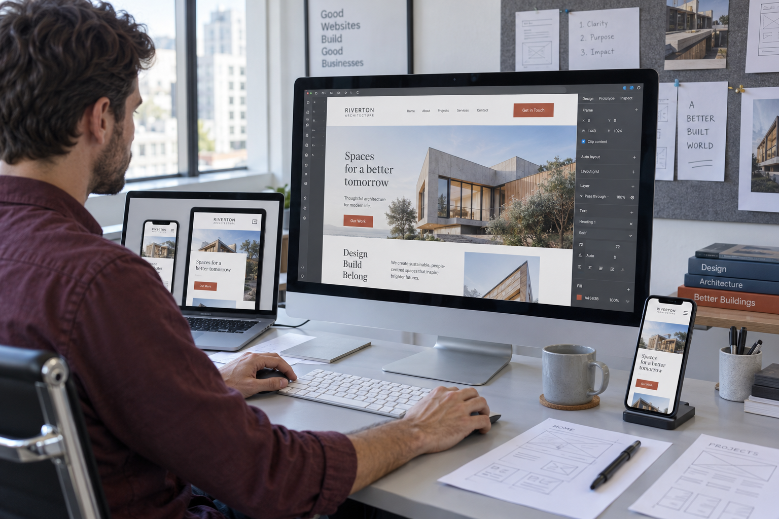Web developer designing a responsive website for desktop, tablet and mobile